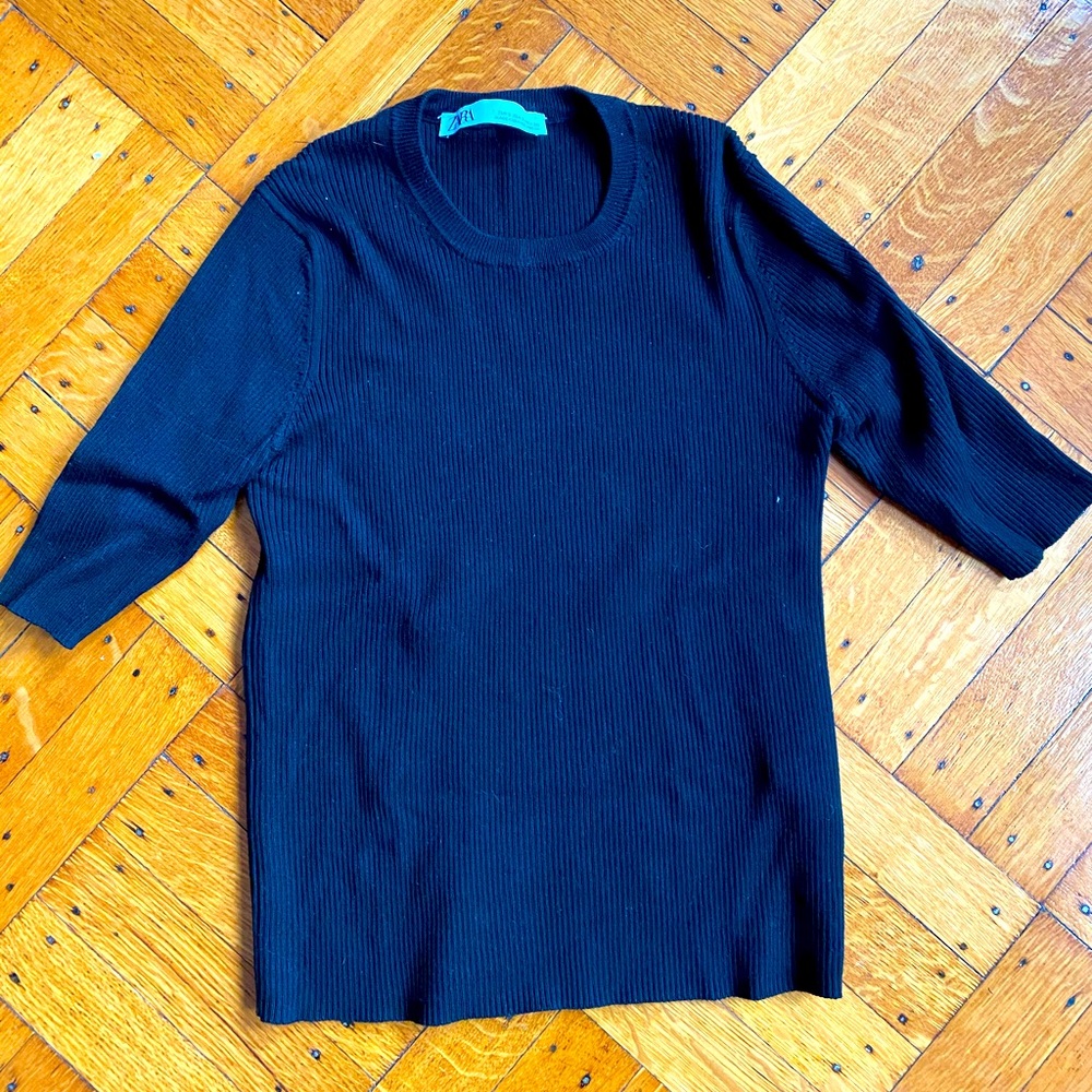 Zara Ribbed T Shirt Size 1/4 Sleeves Black Blouse Sz Small High Neck Tee